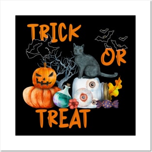 Halloween, Trick or Treat, Cat Witch Posters and Art